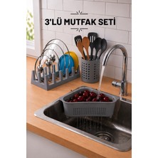 Fevito Pratik Tezgah Üstü Mutfak Düzenleyici 3'lü Set Tava Kapak Düzenleyici Kaşıklık ve Evye Süzgeci Sdk-3 Gri