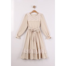 Joy Kids Kız Çocuk Bağlamalı Lüx Elbise (10-13YAŞ) (Ekru-Bej)