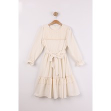 Joy Kids Kız Çocuk Bağlamalı Lüx Elbise (10-13YAŞ) (Ekru-Bej)