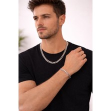 Lia Charm Erkek Gümüş Renk Paslanmaz Çelik Gurmet Zincir Kolye ve Bileklik Takımı - 60CM Kolye / 21CM Bileklik