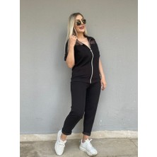 Qimya Butik Şans Life Kadın Roba Üstü File Fermuarlı Polo Yaka Blüzlü Pantolonlu Kısa Kollu Alt Üst Ikili Takım