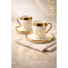 Yzhome 2 Kişilik Lüks Beyaz Gold Yaldızlı Inci Lotus Dallı Kahve Fincan Takımı Seti 100ML
