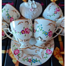 Manushum El Boyama Porselen 6lı Set Lilyum Kahve Fincan Takımı-Beyaz