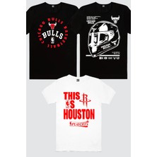 Rock&Roll Bulls Basket, Rockets Basket Beyaz, Chicago Racing Siyah 3'lü Erkek Tshirt Eko Paket