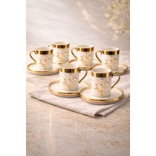 Yzhome 6 Kişilik Lüks Beyaz Gold Yaldızlı Inci Lotus Dallı Kahve Fincan Takımı Seti 100ML