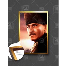 SML Tablo Mustafa Kemal Atatürk Portre Imza Dikey Çerçeveli Kanvas Tablo