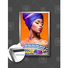 SML Tablo Kırmızı Rujlu Mor Eşarplı Kadın Etnik Kıyafet Model Woman Afrikalı Dikey Çerçeveli Kanvas Tablo