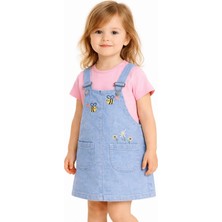 Dinamik çocuk Kız Bebek Arı Nakışlı Kot Görünümlü Jile Elbise + Basic Pamuk T-Shirt 2'li Takım 6-9-12-18-24 Aylık