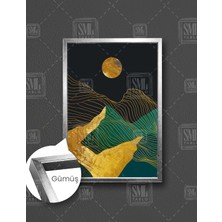 SML Tablo Turkuaz Gold Dağ Manzara Doğa Soyut Sanat Altın Çizgili 4 Dikey Çerçeveli Kanvas Tablo