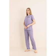 Enisena Kadın Pijama Takımı-Menekşe Kumaş-3 Düğmeli-Yaka BASKILI-12606SF