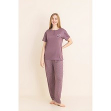 Enisena Kadın Pijama Takımı-Menekşe Kumaş-3 Düğmeli-Yaka BASKILI-12606SF