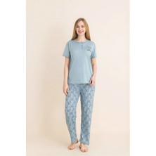 Enisena Kadın Pijama Takımı-Menekşe Kumaş-3 Düğmeli-Yaka BASKILI-12606SF