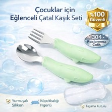 Jojobebek Balık Figürlü Premium Çocuk BPA Free Silikon Saplı Paslanmaz Çelik Uçlu Çatal-Kaşık 9+ Ay (Yeşil)