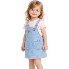 Dinamik çocuk Kız Bebek Arı Nakışlı Kot Görünümlü Jile Elbise + Basic Pamuk T-Shirt 2'li Takım 6-9-12-18-24 Aylık