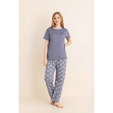 Enisena Kadın Pijama Takımı-Menekşe Kumaş-3 Düğmeli-Yaka BASKILI-12606SF