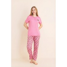 Enisena Kadın Pijama Takımı-Menekşe Kumaş-3 Düğmeli-Yaka BASKILI-12606SF