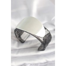 Siyah Mermer Desen Akrilik Plastik Gümüş Oval Plaka Model Vintage Kadın Bilezik - Lisinya