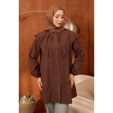 İmaj Butik Kahverengi Önü Nervürlü Çift Yakalı Poplin Tunik