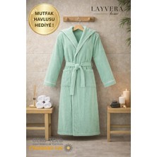 Layvera Çağla Yeşili Bornoz Kadın-Erkek | %100 Pamuk-Kapüşonlu-Biyeli-Cepli-Mint Green