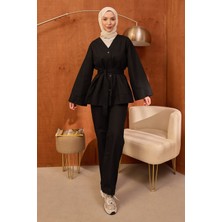 İmaj Butik Siyah Kuşaklı Ceket Pantolonlu Gabardin Takım