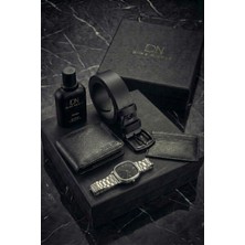 Duke Nickle Erkek Gümüş Kol Saati Siyah Kemer Cüzdan Kartlık Parfüm Hediye Seti