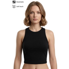 Cottonhill Siyah Viskon Bisiklet Yaka Kolsuz Kadın Crop Atlet