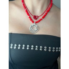 Vintage Takı Modern Tasarım Kırmızı Kristal Kalp Detaylı Ikili Spiral Sarmal Kombin Kolye