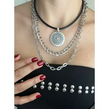 Vintage Takı Etnik Otantik Mistik Güneş Figürlü Antik Gümüş Renk Üçlü Modern Kolye
