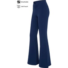 Cottonhill Lacivert Viskon Yüksek Bel Önü Büzgülü Ispanyol Paça Kadın Pantolon Flared