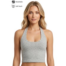 Cottonhill Gri Melanj Viskon Halter Yaka Sırt Dekolteli Kadın Crop Atlet