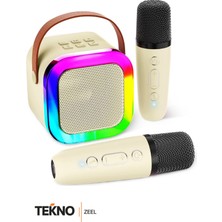 Teknozeel Çift Mikrofonlu Karaoke 5 Ses Efektli Rgb Işıklı Bluetooth Kablosuz Hoparlör Ses Bombası Bej Renk