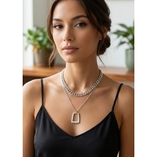 Vintage Takı Gümüş Kaplama Geometrik Çerçeve Uçlu Ikili Zincir Kolye Seti Modern Layering Kombini