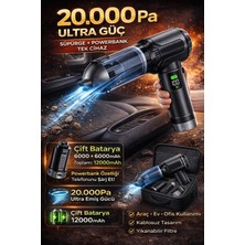 Kılıforyum 20000PA Şarjlı Araç Içi Süpürge Çift Batarya 12000MAH Powerbank Kablosuz El Süpürgesi