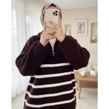 Moda Morfo Yarım Fermuarlı Yan Çizgili Triko Kazak   -Bordo