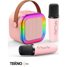 Teknozeel Çift Mikrofonlu Karaoke 5 Ses Efektli Rgb Işıklı Bluetooth Kablosuz Hoparlör Ses Bombası Pembe Renk