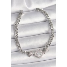 Pirinç Gümüş Renk Zirkon Taşlı Yonca Figür Zincir Model Kadın Bileklik - Lisinya