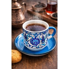 Mugusa Hediyelik El Yapımı Çini Desenli Tabaklı Kupa / Çay & Filtre Kahve Fincanı - Mavi