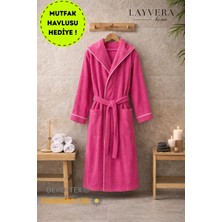 Layvera Fuşya Bornoz Kadın-Erkek | %100 Pamuk-Kapüşonlu-Biyeli-Cepli-Fuşya