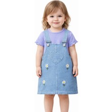 Dinamik çocuk Kız Bebek Kot Görünümlü Esnek Jile 2li Takım Yazlık Elbise Kalp Nakışlı Papatyalı Salopet + Basic Tişört 6-9-12-18-24 Aylık