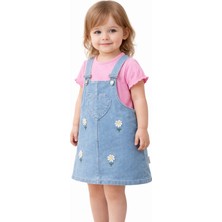 Dinamik çocuk Kız Bebek Kot Görünümlü Esnek Jile 2li Takım Yazlık Elbise Kalp Nakışlı Papatyalı Salopet + Basic Tişört 6-9-12-18-24 Aylık