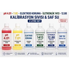 Tekno İstanbul pH 4.01 - 7.01 - Elektrod Koruma - 1413 µS/cm - 12.88 mS/cm İletkenlik & Saf Su (Distile Su) Kalibrasyon Sıvısı (2 Litre Set)