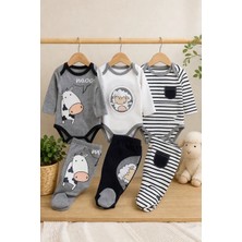 Bubito Kuzu ve Inek Görselli Bebek 6'lı Alt Üst Takım Seti Gri Beyaz Çizgili