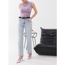 Rich Star Kadın Kemer Detaylı Straight Kalıp Denim Kot Pantolon