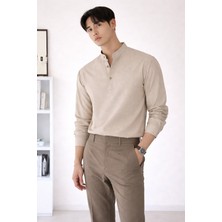 Tarz Cool Keten Karışımlı 3 Düğmeli Hakim Yaka Erkek Gömlek Slim Kesim Yazlık Şık