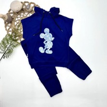 Herşey Trend Herşeytrend 3-4-5 Yaş Kapşonlu Payetli Mickey Desenli Kısa Kol 2li Kız Erkek Çocuk Takımı Lacivert