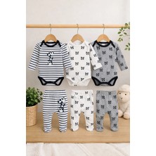 Bubito Bebek Sevimli Panda Desenli 6'lı 3 Body 3 Patikli Alt Seti - Gri Beyaz Çizgili