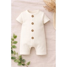 Bubito Kısa Kollu Tahta Düğmeli Pamuklu Yazlık Tulum-Beyaz