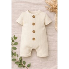 Bubito Kısa Kollu Tahta Düğmeli Pamuklu Yazlık Tulum-Bej