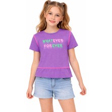 Owana Kız Çocuk Whatever Yazı Desenli Mor Renk Kısa Kol Tişört