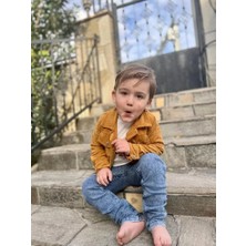 Herşey Trend Herşeytrend 3-4-5 Yaş Fitilli Kadife Ceket Kot Pantolonlu 3lü Kız Erkek Çocuk Takımı Hardal